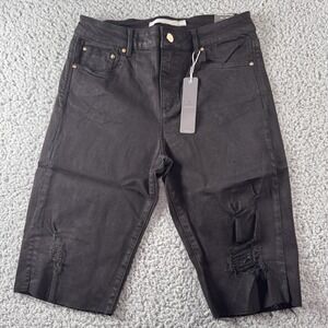 Tractr Black Mid Rise Bermuda Raw‎ Hem Distressed Stretch Denim Shorts 6/28 NWT